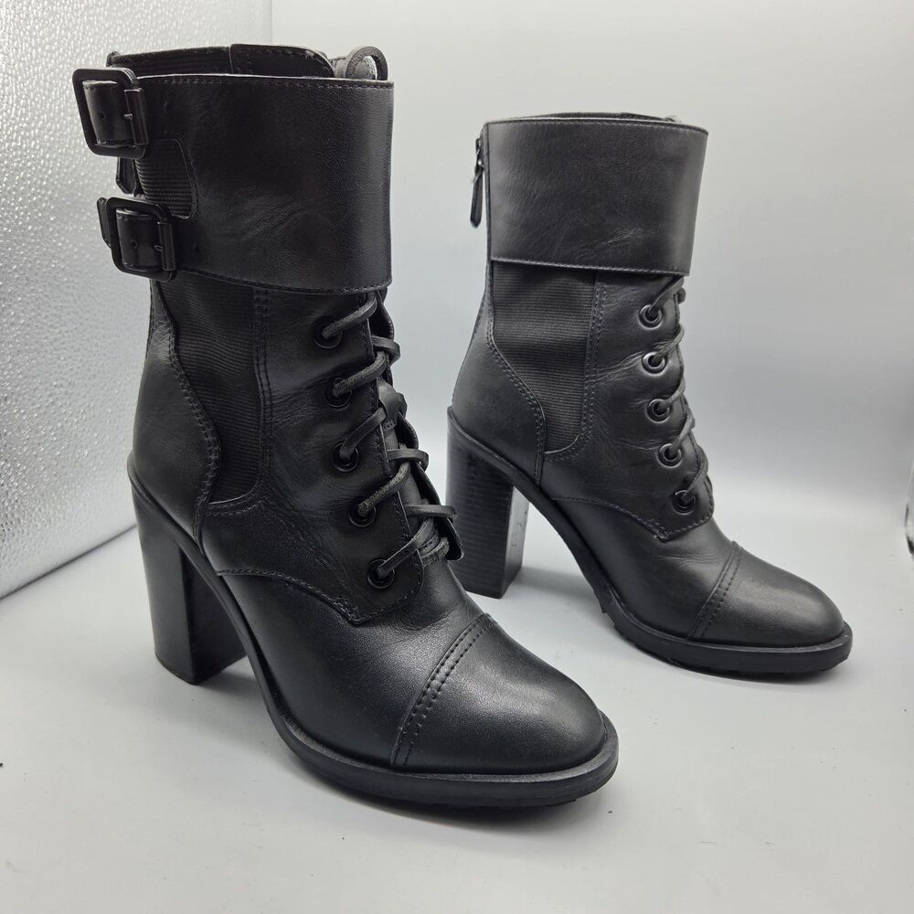 Tory Burch women combat boots black riding biker lace buckles Brooke sz 7 Used